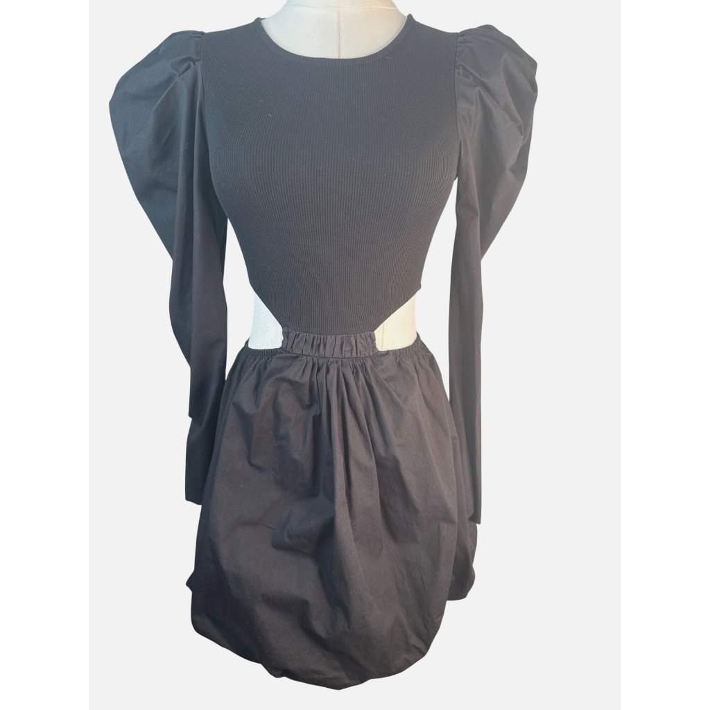Zara Small Black Puff Sleeve Cotton & Polyester Balloon Hemline Elastic Waist